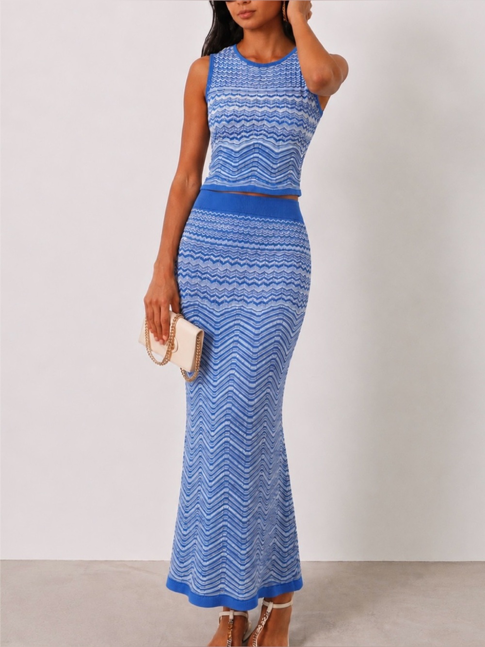 Commense Blue Chevron Knit Maxi Skirt Set